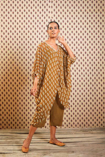 Nikasha Tobacco Brown Kaftan In Mughal Buta Print festive Indian designer wear online shopping melange singapore