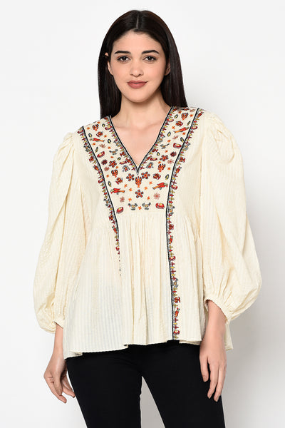 Nika Nikasha Seersucker Hand woven embroidered top white Indian Designer wear Melange Singapore Online Shopping sustainable clothing fashion