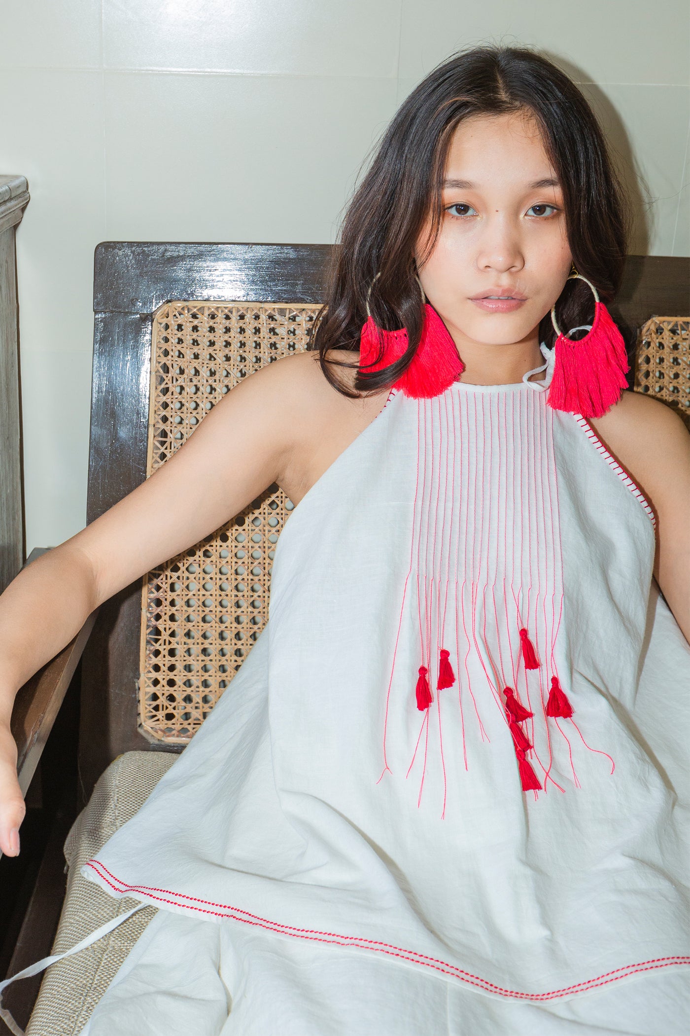 Nika Nikasha Hand woven embroidered halter top white Indian Designer wear Melange Singapore Online Shopping sustainable clothing fashion
