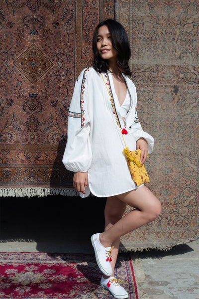 Nika Nikasha Hand woven embroidered tunic tassels white Indian Designer wear Melange Singapore Online Shopping Sustainable fashion clothing