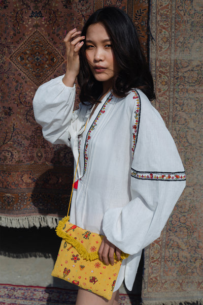 Nika Nikasha Hand woven embroidered tunic tassels white Indian Designer wear Melange Singapore Online Shopping Sustainable fashion clothing