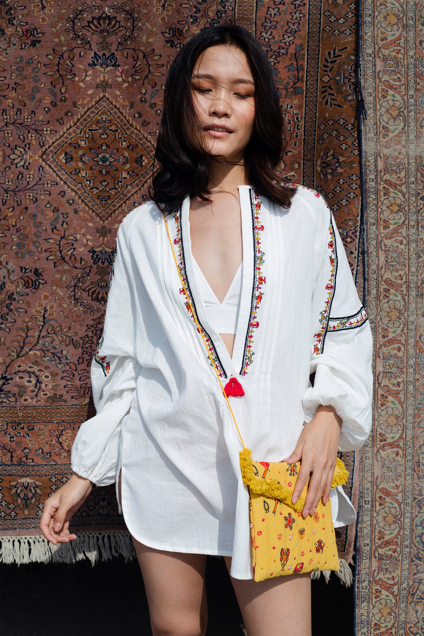 Nika Nikasha Hand woven embroidered tunic tassels white Indian Designer wear Melange Singapore Online Shopping