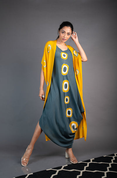 Nupur Kanoi Back Cowl Jacket With Sack Dress Mustard and Grey Online Shopping Melange Singapore Indian Designer Wear