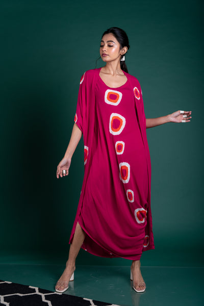 Nupur Kanoi Back Cowl Jacket With Sack Dress Rani, Orange and Off-white Online Shopping Melange Singapore Indian Designer Wear