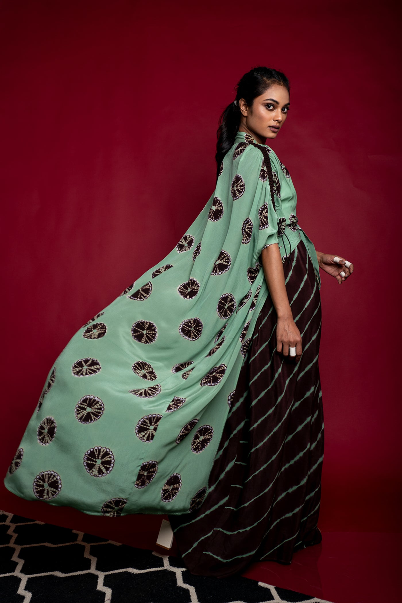 Nupur Kanoi Big Jacket With Lungi Set Sage-Green and Brown Online Shopping Melange Singapore Indian Designer Wear