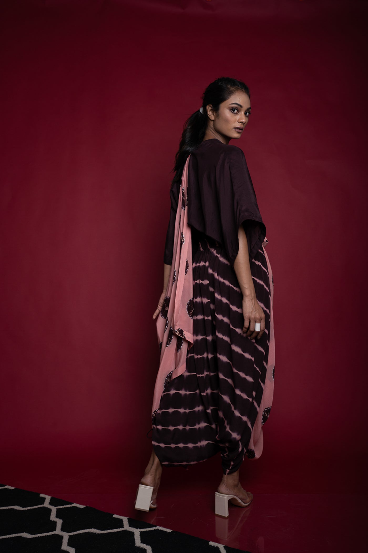 Nupur Kanoi Dhoti Sari and Kaftan Top Set Old-rose and Brown Online Shopping Melange Singapore Indian Designer Wear