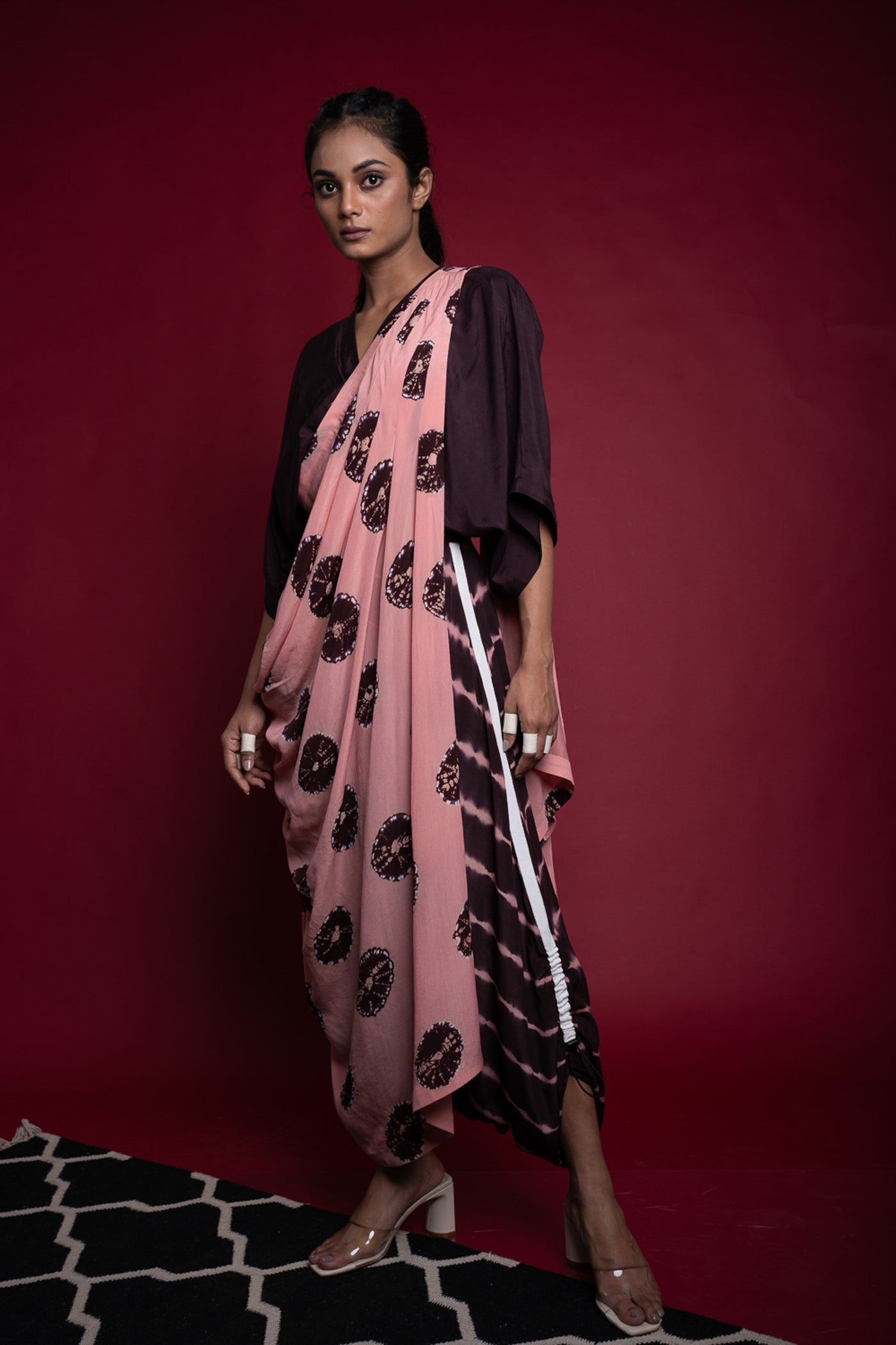 Nupur Kanoi Dhoti Sari and Kaftan Top Set Old-rose and Brown Online Shopping Melange Singapore Indian Designer Wear