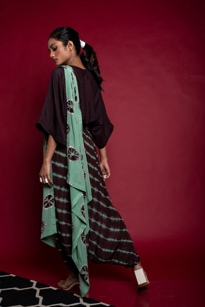 Nupur Kanoi Dhoti Sari With Kaftan Top Sage-Green and Brown Online Shopping Melange Singapore Indian Designer Wear