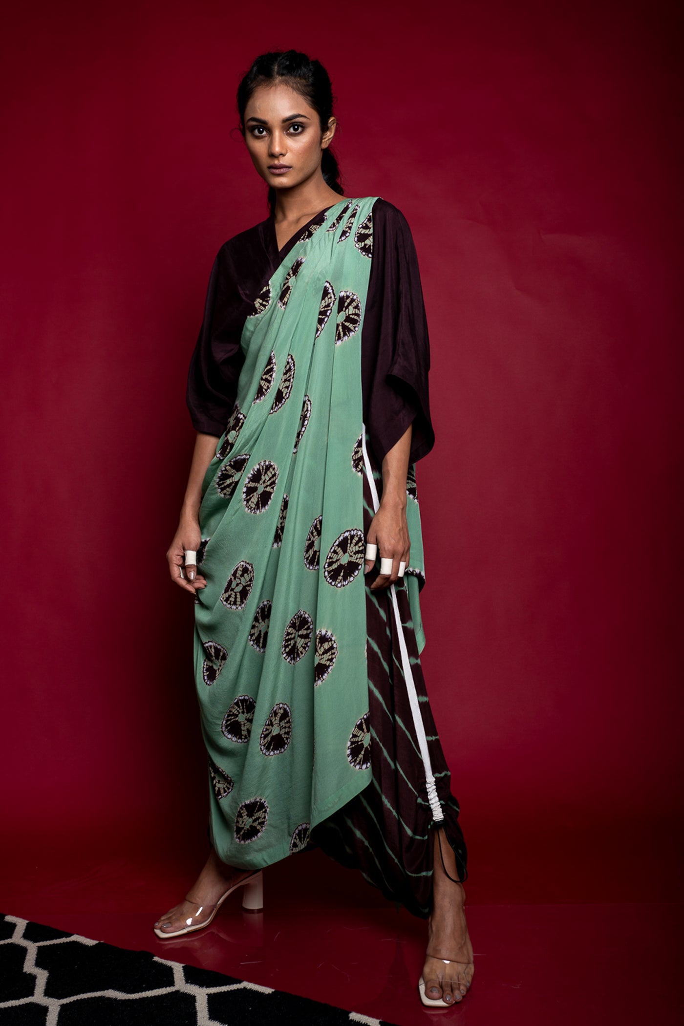 Nupur Kanoi Dhoti Sari With Kaftan Top Sage-Green and Brown Online Shopping Melange Singapore Indian Designer Wear