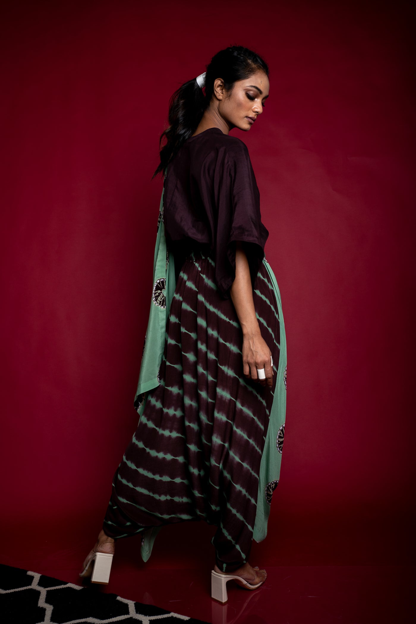 Nupur Kanoi Dhoti Sari With Kaftan Top Sage-Green and Brown Online Shopping Melange Singapore Indian Designer Wear