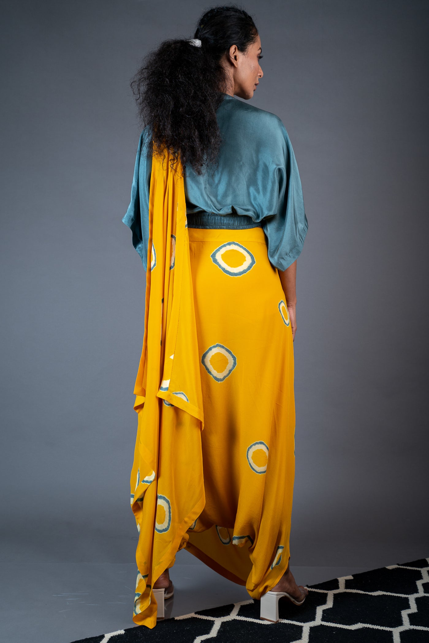 Nupur KanoiDhoti Sari With Solid Colour Kaftan Top Mustard and Grey Online Shopping Melange Singapore Indian Designer Wear