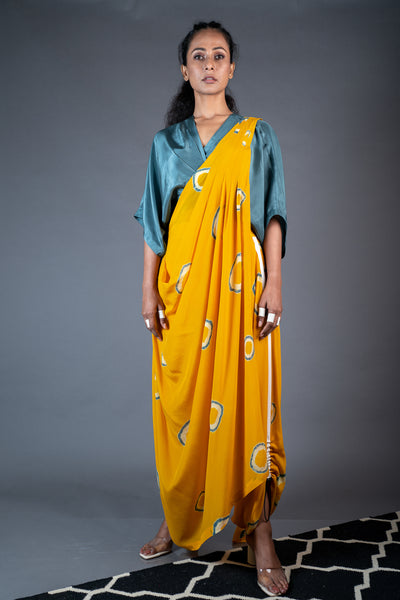 Nupur KanoiDhoti Sari With Solid Colour Kaftan Top Mustard and Grey Online Shopping Melange Singapore Indian Designer Wear