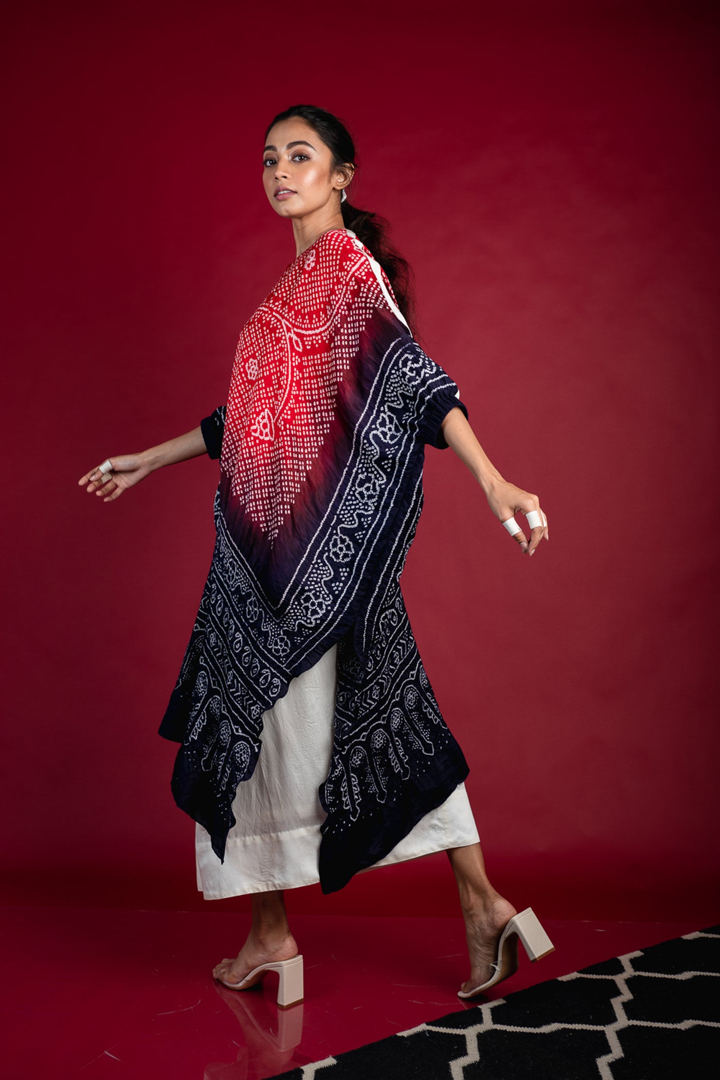 Nupur Kanoi Half Crushed Kurta With Lungi Set Red, Blue and Off-white Online Shopping Melange Singapore Indian Designer Wear