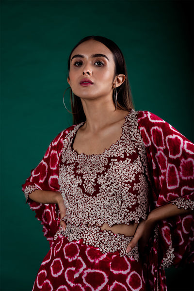 Nupur Kanoi Jacket With Blouse & A-line Pants Set burgundy and off white festive fusion indian designer wear online shopping melange singapore