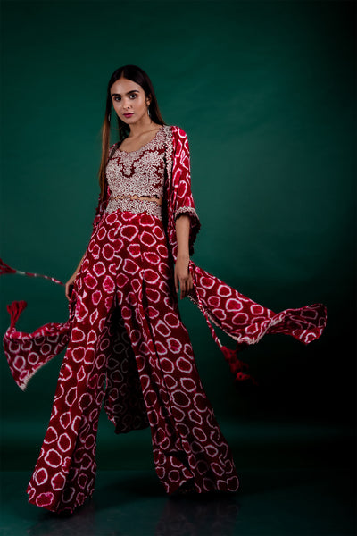 Nupur Kanoi Jacket With Blouse & A-line Pants Set burgundy and off white festive fusion indian designer wear online shopping melange singapore