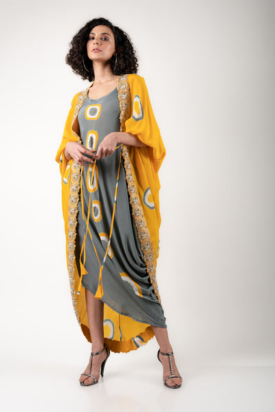 Nupur Kanoi Jacket With Dress Set mustard and grey festive fusion indian designer wear online shopping melange singapore