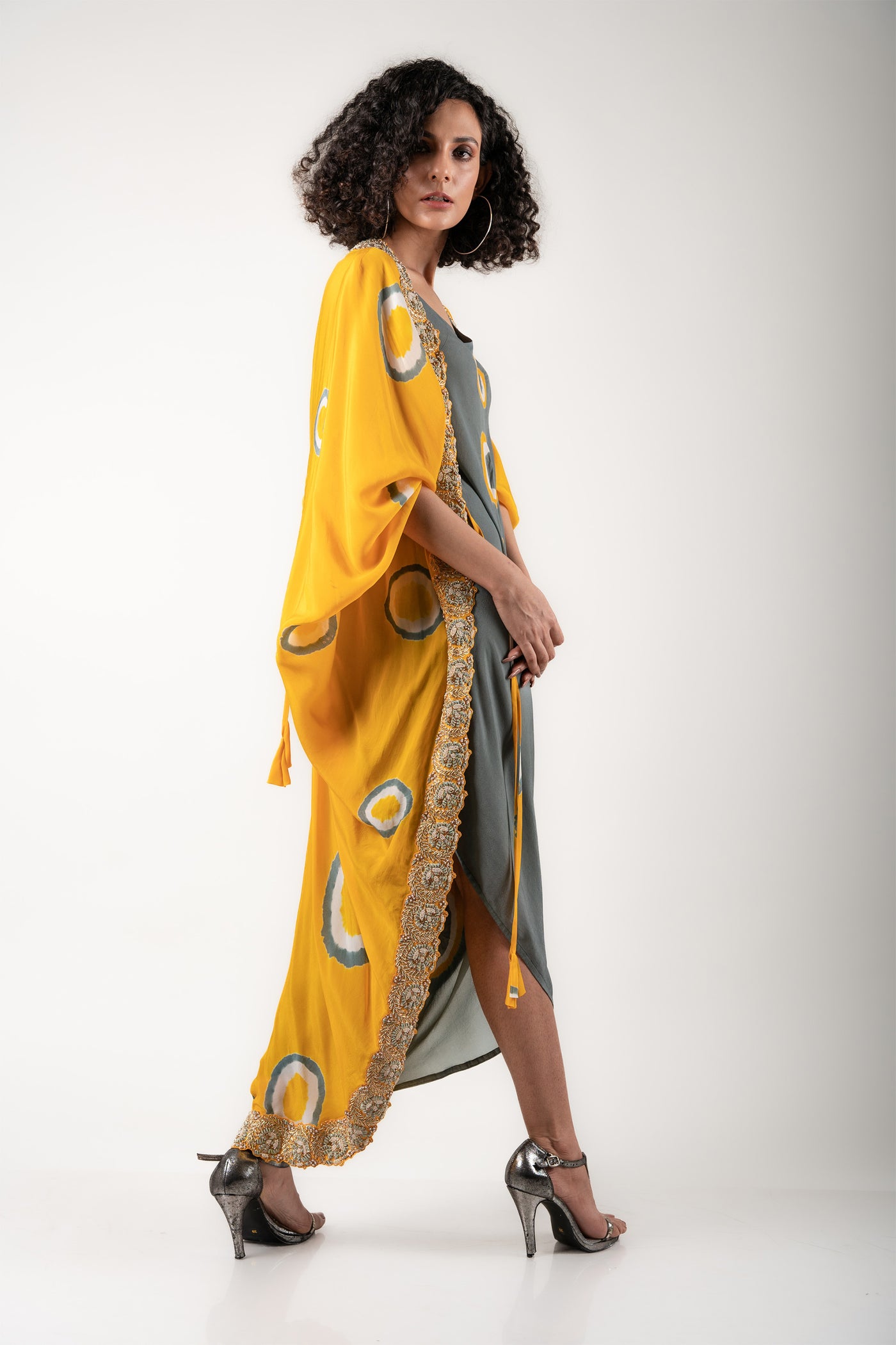 Nupur Kanoi Jacket With Dress Set mustard and grey festive fusion indian designer wear online shopping melange singapore