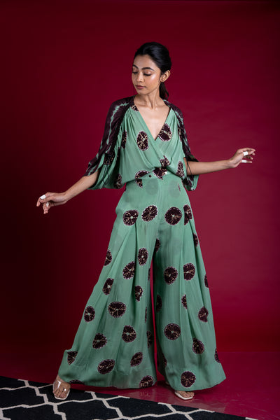 Nupur Kanoi Kaftan Box Pleated Jumpsuit Sage-Green and Brown Online Shopping Melange Singapore Indian Designer Wear