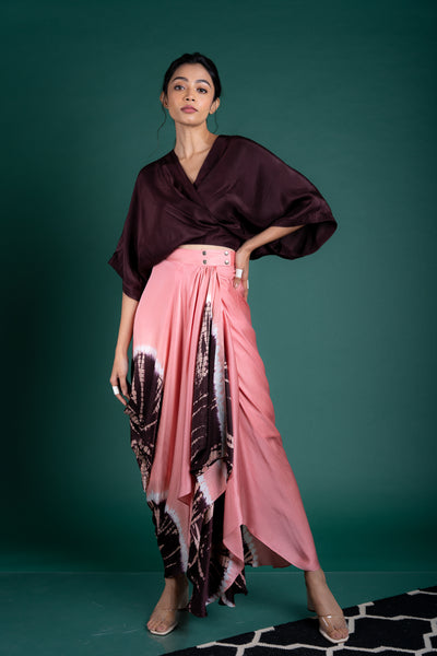 Nupur Kanoi Kaftan Top With Gather Cowl Skirt Set Brown and Old-rose Online Shopping Melange Singapore Indian Designer Wear