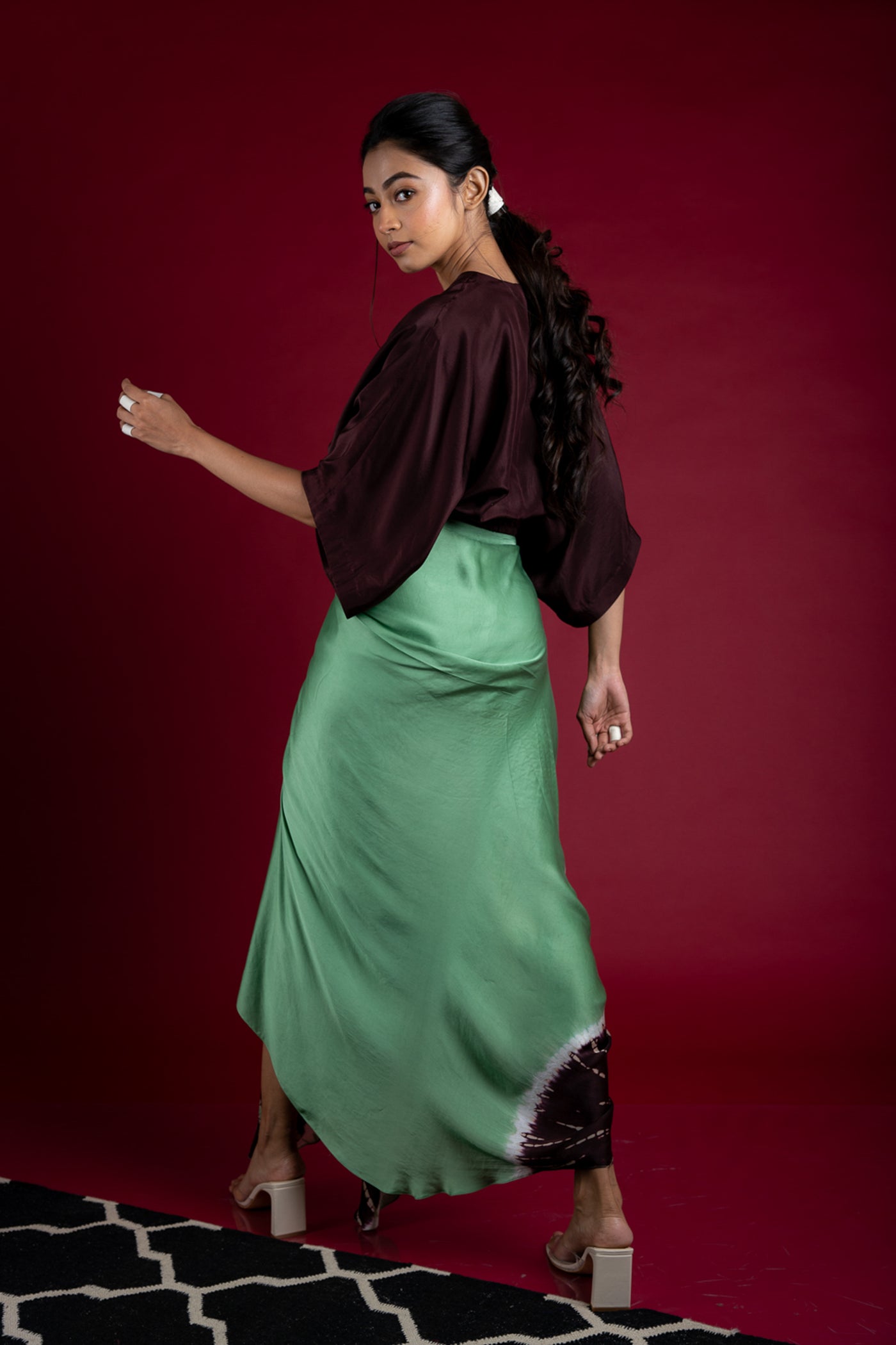 Nupur Kanoi Kaftan Top With Gather Cowl Skirt Set Sage-Green and Brown Online Shopping Melange Singapore Indian Designer Wear