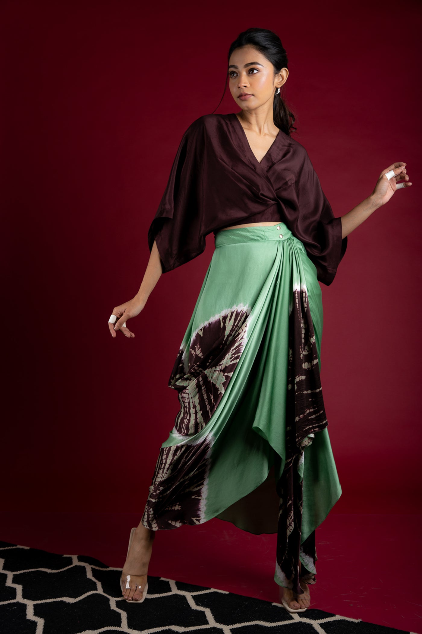 Nupur Kanoi Kaftan Top With Gather Cowl Skirt Set Sage-Green and Brown Online Shopping Melange Singapore Indian Designer Wear