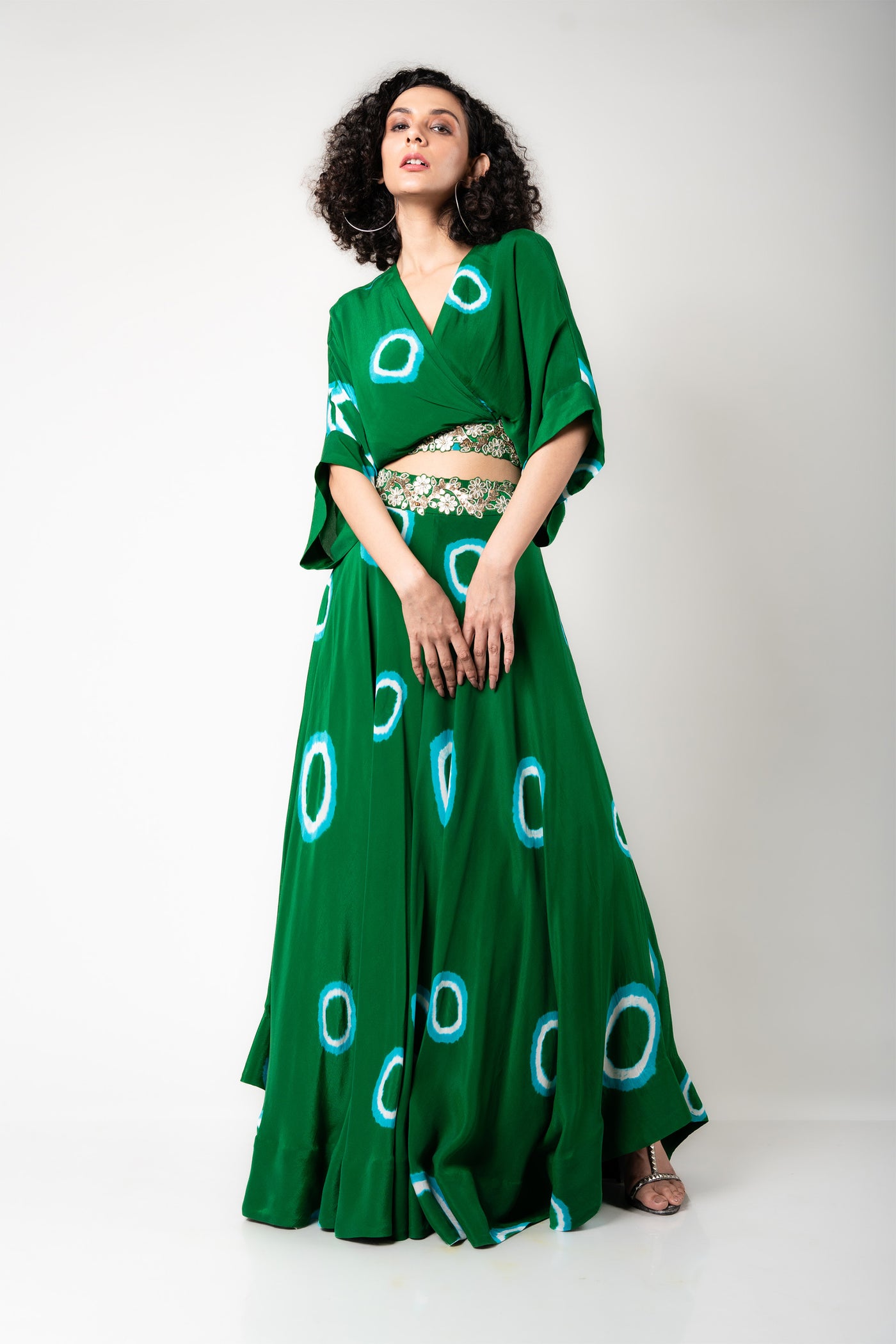 Nupur Kanoi Kaftan Top & Circular Pants Set green off white festive fusion indian designer wear online shopping melange singapore