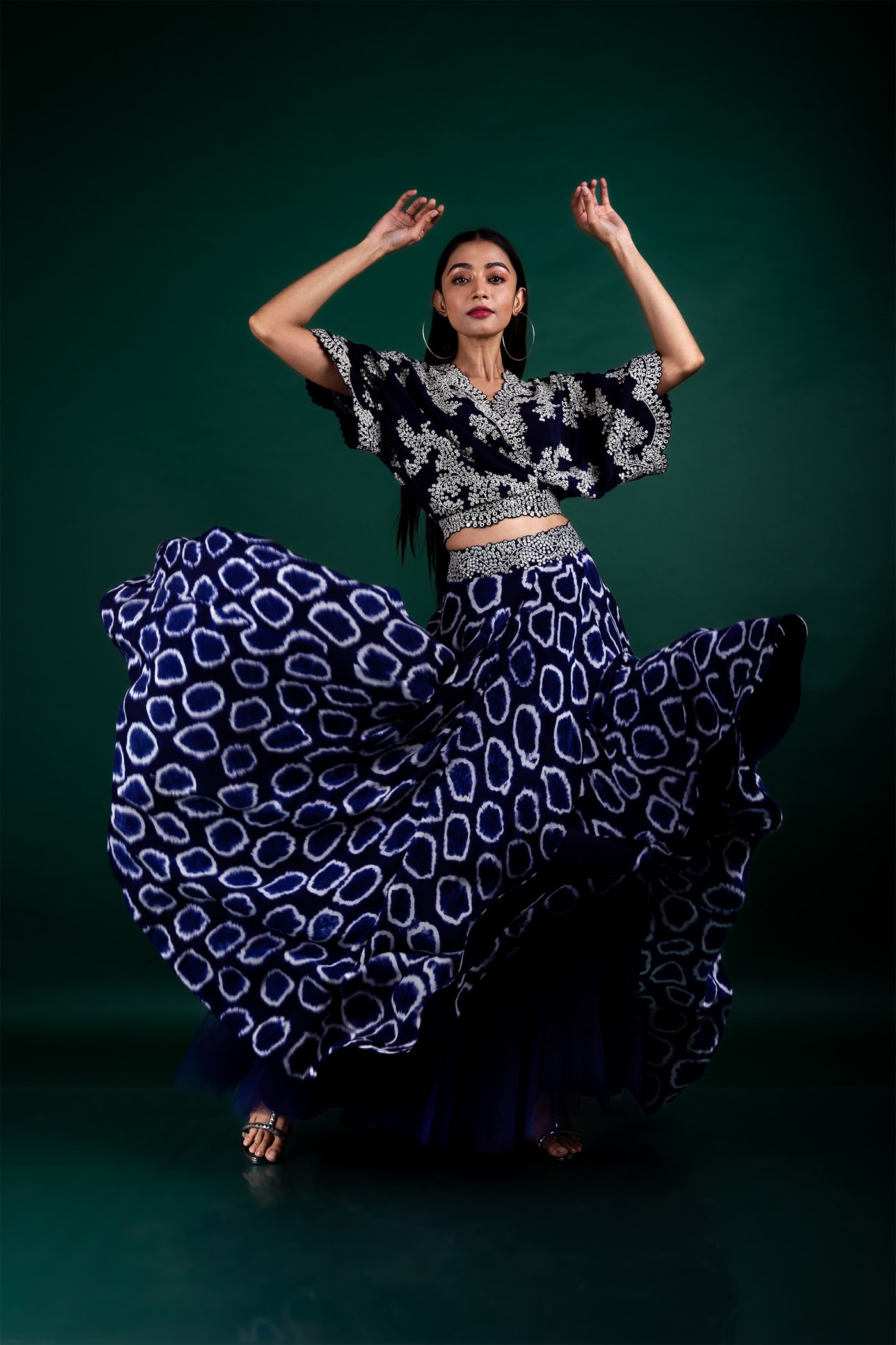 Nupur Kanoi Kaftan Top & Lehenga Set blue off white festive fusion indian designer wear online shopping melange singapore