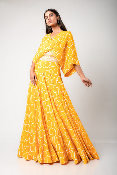 Nupur Kanoi Kaftan Top & Lehenga Set mustard festive fusion indian designer wear online shopping melange singapore