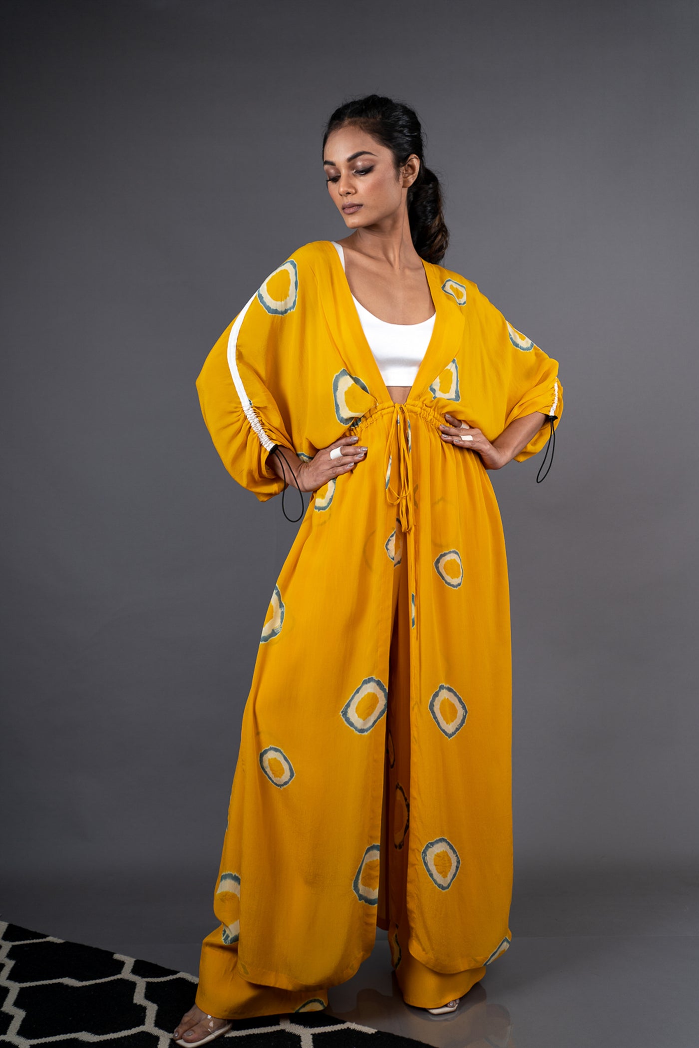 Nupur Kanoi Kimono Gather Jacket With Blouse and Pants Set Mustard and Grey Online Shopping Melange Singapore Indian Designer Wear