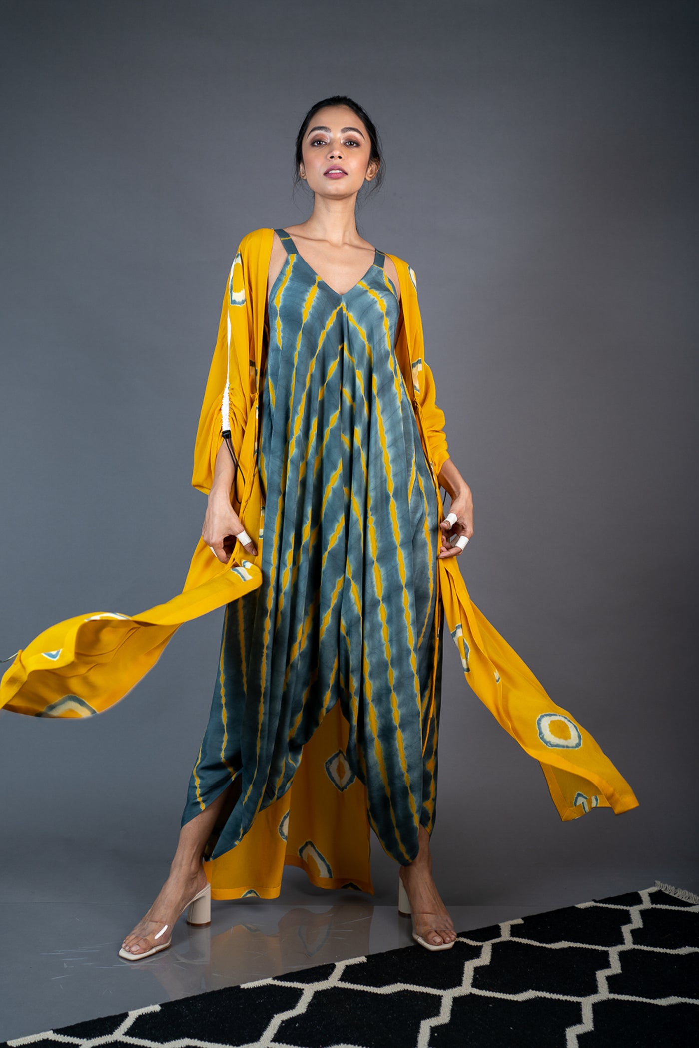 Nupur Kanoi Kimono Gather Jacket With Strappy Jumpsuit Set Mustard and Grey Online Shopping Melange Singapore Indian Designer Wear