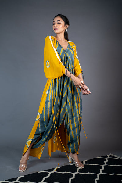 Nupur Kanoi Kimono Gather Jacket With Strappy Jumpsuit Set Mustard and Grey Online Shopping Melange Singapore Indian Designer Wear