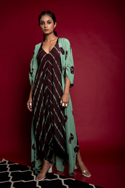 Nupur Kanoi Kimono Gather Jacket With Strappy Jumpsuit Set Sage-Green and Brown Online Shopping Melange Singapore Indian Designer Wear