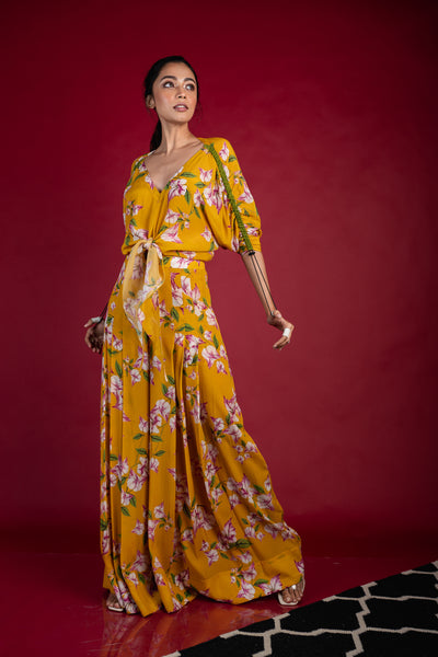 Nupur Kanoi Knotted Kimono Top With Pleated Pants Set Yellow Online Shopping Melange Singapore Indian Designer Wear