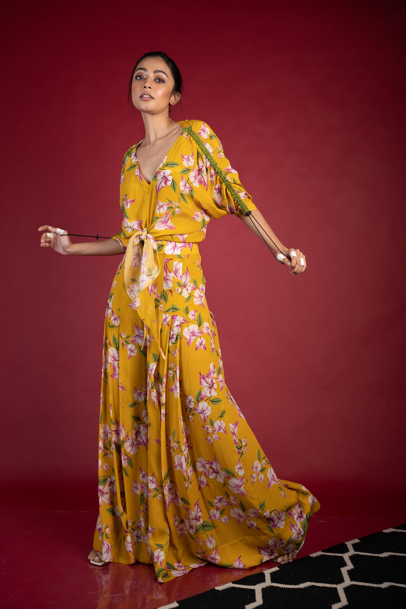 Nupur Kanoi Knotted Kimono Top With Pleated Pants Set Yellow Online Shopping Melange Singapore Indian Designer Wear