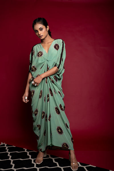 Nupur Kanoi New Rekha Dress Sage-Green and Brown Online Shopping Melange Singapore Indian Designer Wear
