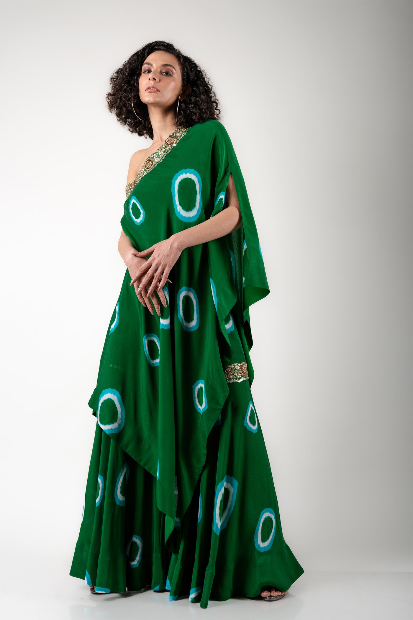 Nupur Kanoi Off-shoulder Cape & Gharara Set green off white festive fusion indian designer wear online shopping melange singapore