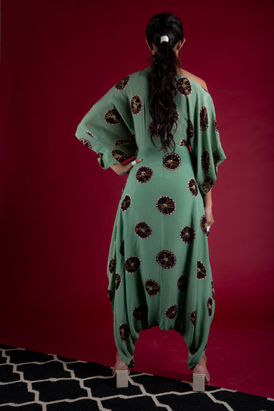 Nupur Kanoi Off-shoulder Dhoti Jumpsuit Sage-Green and Brown Online Shopping Melange Singapore Indian Designer Wear