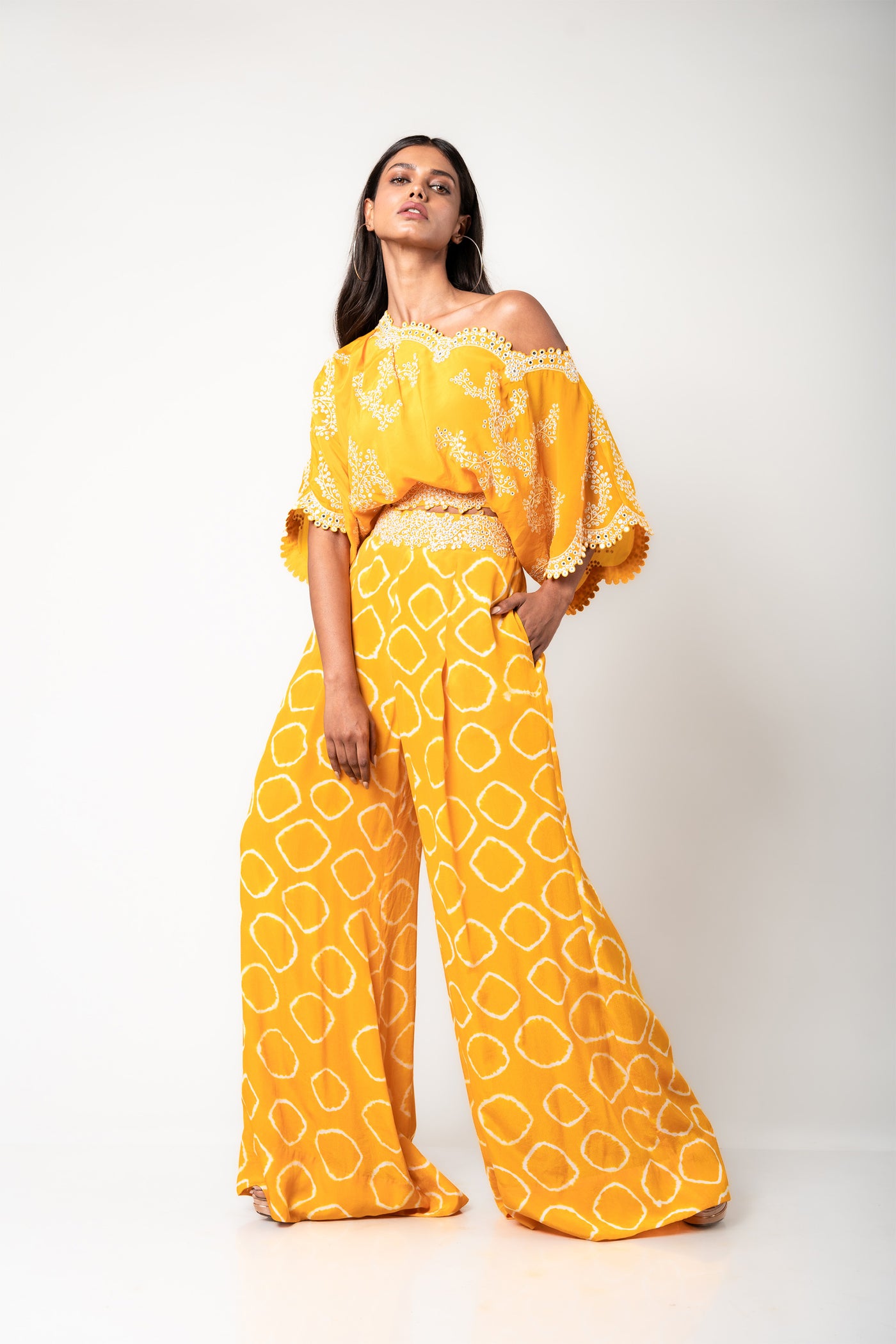 Nupur Kanoi Off-shoulder Top & A-line Pants Set mustard festive fusion indian designer wear online shopping melange singapore