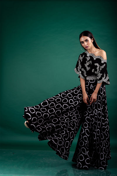 Nupur Kanoi Off-shoulder Top & Circular Pants Set black and off white festive fusion indian designer wear online shopping melange singapore