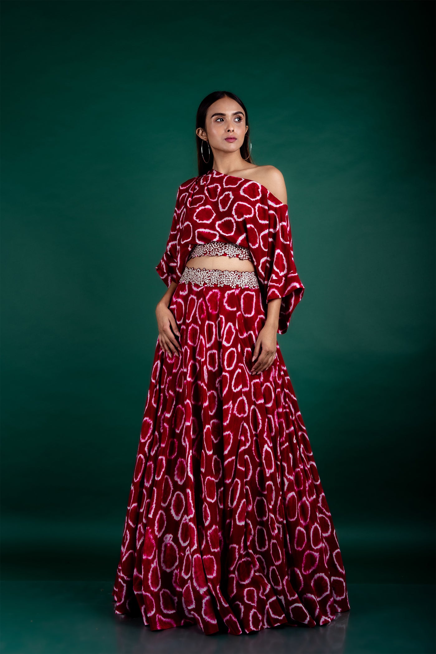 Nupur Kanoi Off-shoulder Top & Circular Pants Set burgundy and off white festive fusion indian designer wear online shopping melange singapore