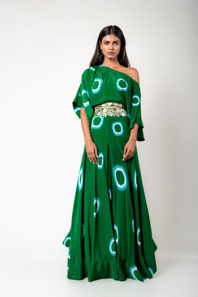 Nupur Kanoi Off-shoulder Top & Circular Pants Set green off white festive fusion indian designer wear online shopping melange singapore