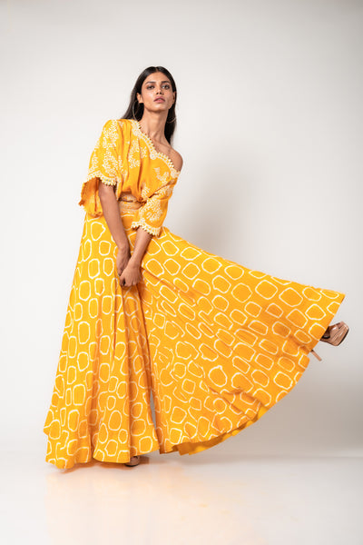 Nupur Kanoi Off-shoulder Top & Circular Pants Set mustard festive fusion indian designer wear online shopping melange singapore