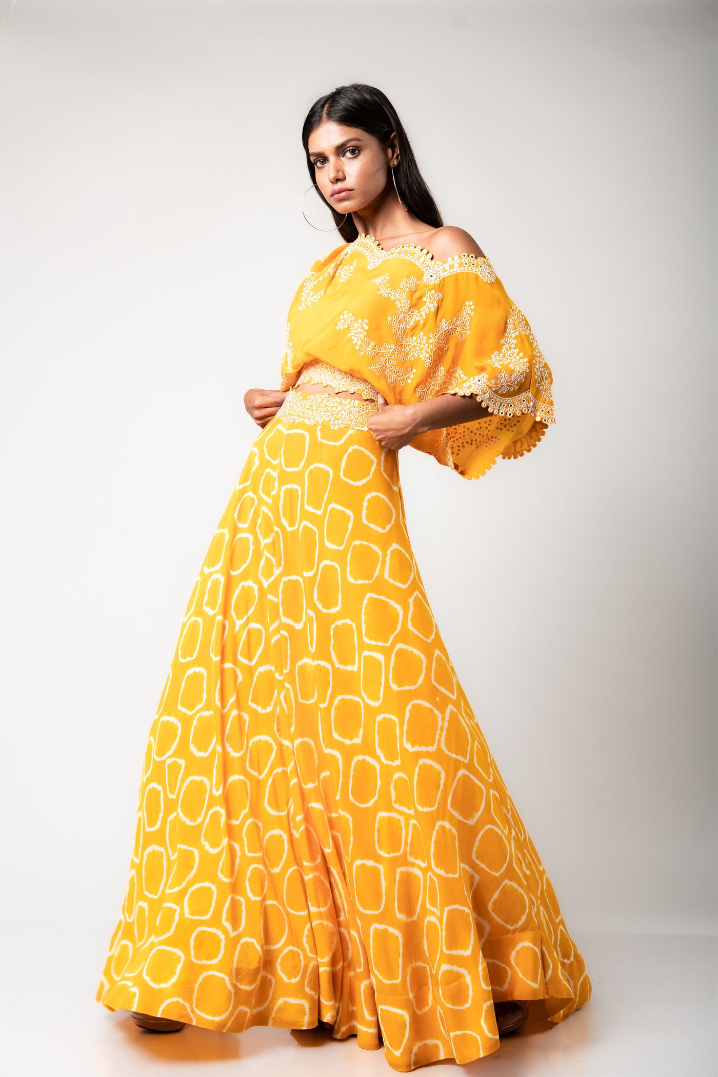 Nupur Kanoi Off-shoulder Top & Circular Pants Set mustard festive fusion indian designer wear online shopping melange singapore