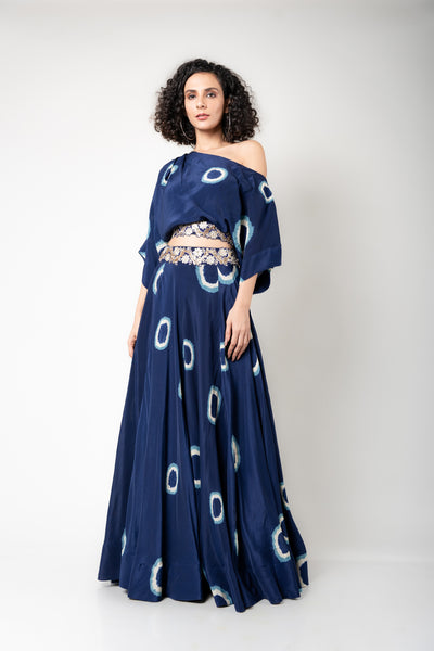 Nupur Kanoi Off-shoulder Top & Lehenga Set blue and off white festive fusion indian designer wear online shopping melange singapore