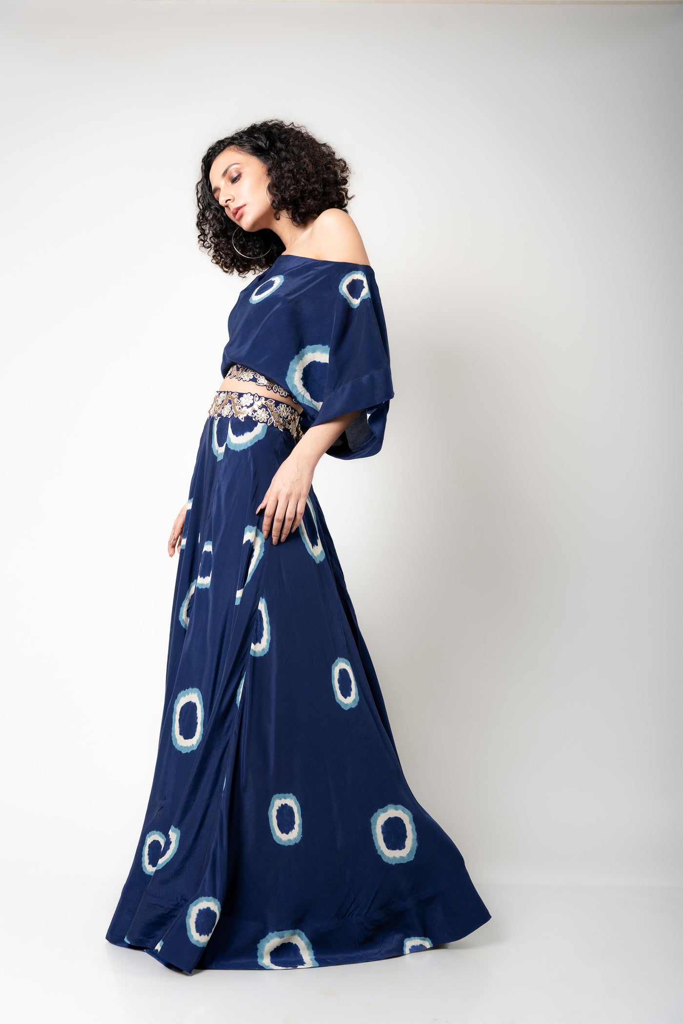 Nupur Kanoi Off-shoulder Top & Lehenga Set blue and off white festive fusion indian designer wear online shopping melange singapore