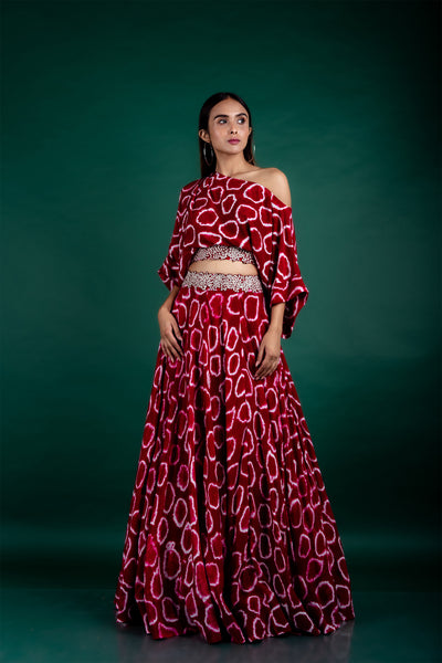 Nupur Kanoi Off-shoulder Top & Lehenga Set burgundy off white festive fusion indian designer wear online shopping melange singapore