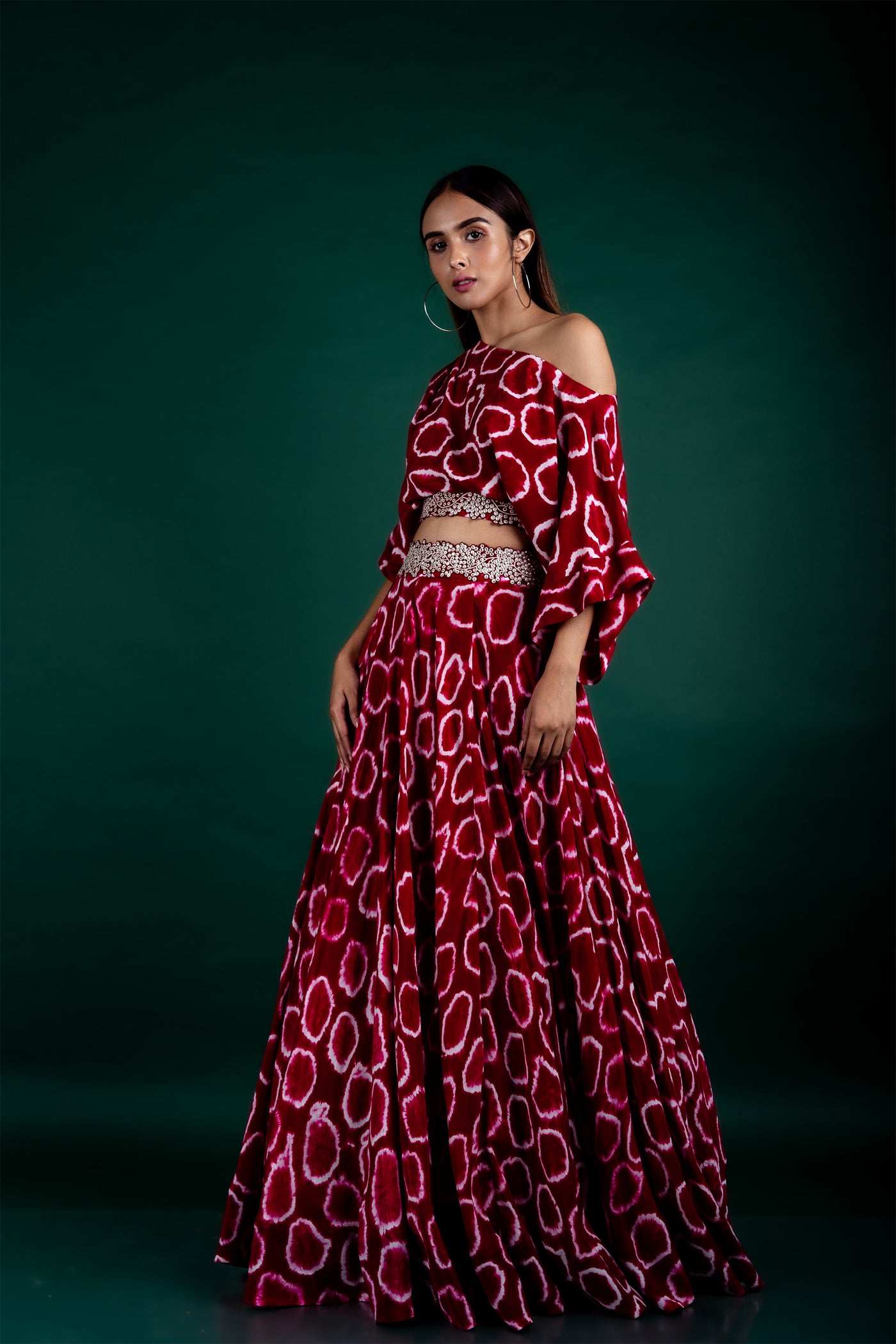 Nupur Kanoi Off-shoulder Top & Lehenga Set burgundy off white festive fusion indian designer wear online shopping melange singapore