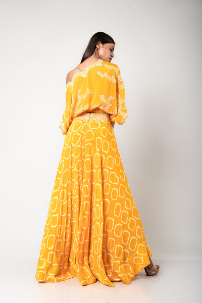 Nupur Kanoi Off-shoulder Top & Lehenga Set mustard festive fusion indian designer wear online shopping melange singapore