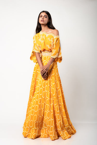 Nupur Kanoi Off-shoulder Top & Lehenga Set mustard festive fusion indian designer wear online shopping melange singapore