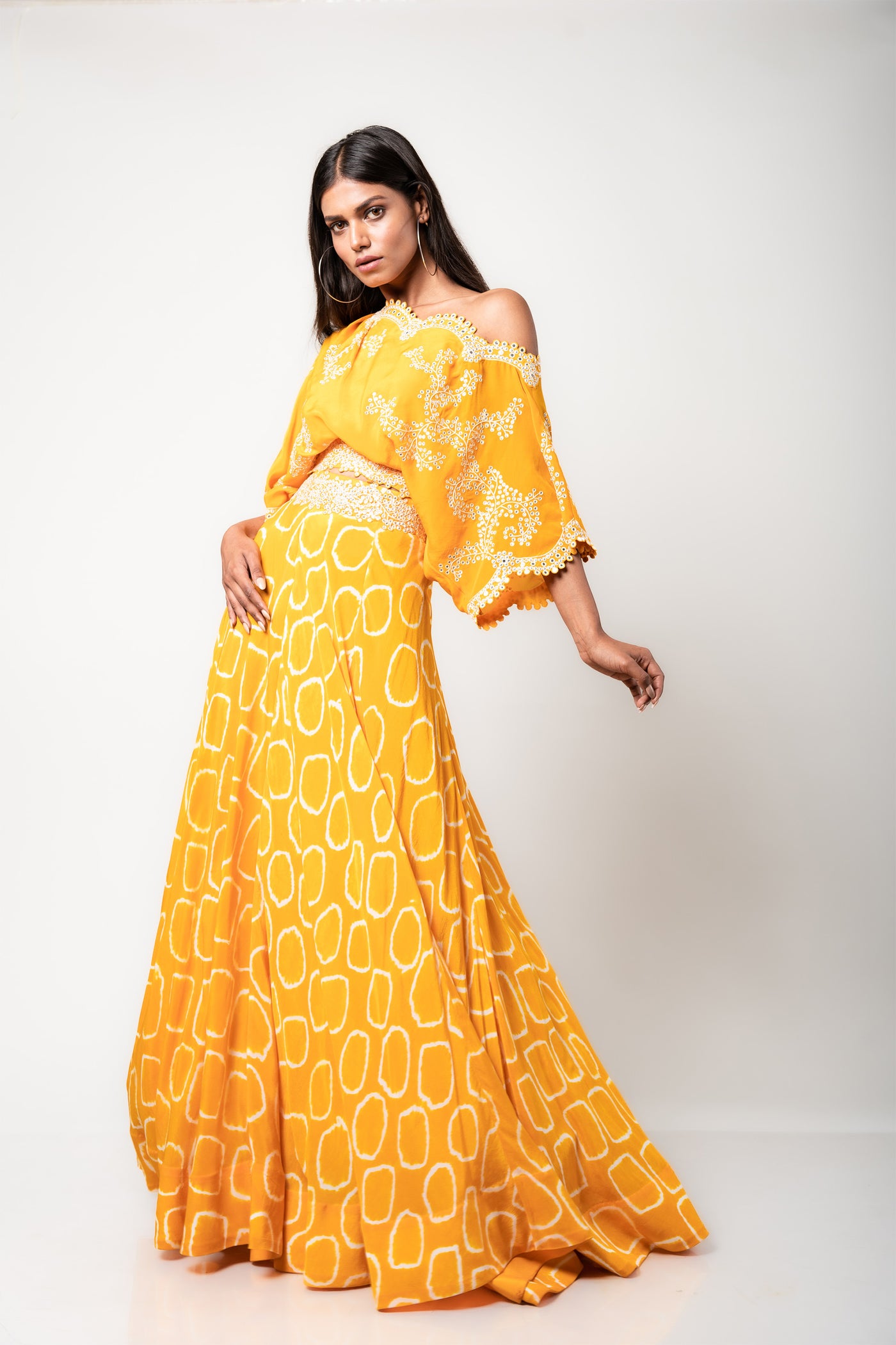 Nupur Kanoi Off-shoulder Top & Lehenga Set mustard festive fusion indian designer wear online shopping melange singapore